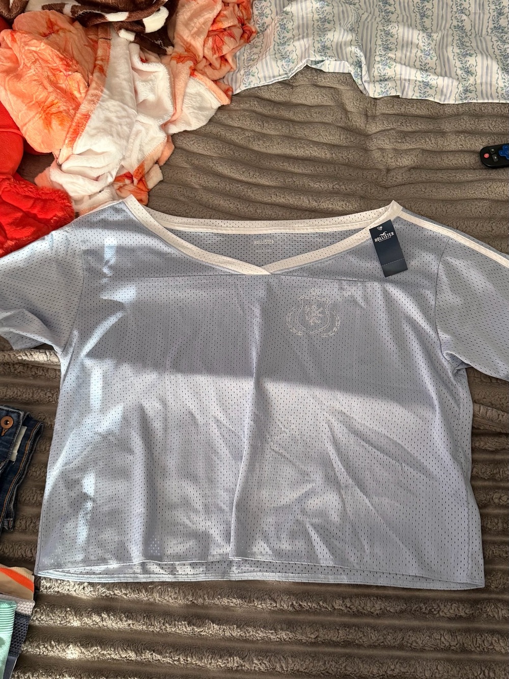 Hollister Light Blue Mesh V-Neck Short Sleeve Tee with White Trim